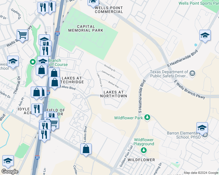 map of restaurants, bars, coffee shops, grocery stores, and more near 1001 Bethel Way in Pflugerville