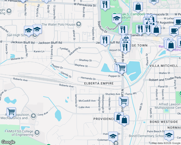 map of restaurants, bars, coffee shops, grocery stores, and more near 1609 Mayhew Street in Tallahassee