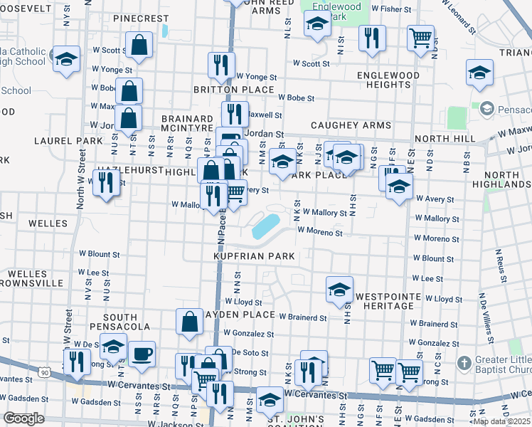 map of restaurants, bars, coffee shops, grocery stores, and more near 1600 West Avery Street in Pensacola