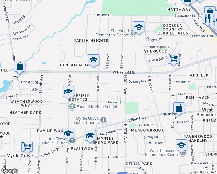 map of restaurants, bars, coffee shops, grocery stores, and more near 1440 North 61st Avenue in Pensacola