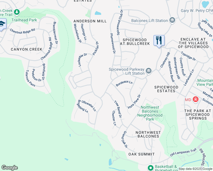 map of restaurants, bars, coffee shops, grocery stores, and more near 10402 Spicewood Parkway in Austin