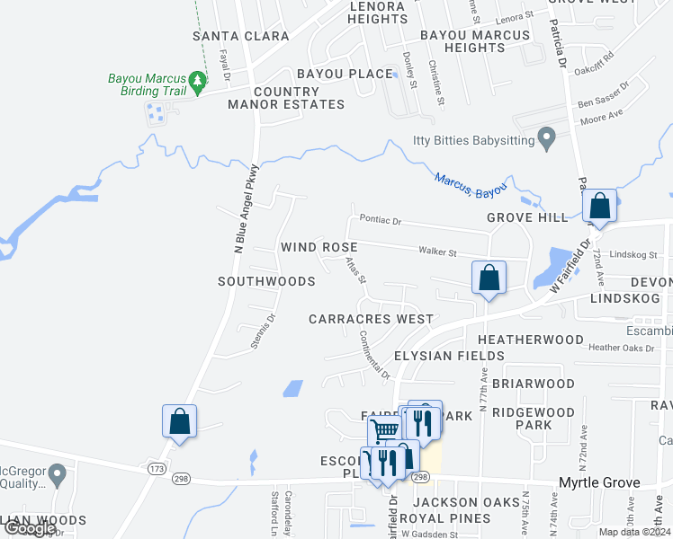map of restaurants, bars, coffee shops, grocery stores, and more near 2090 Silverado Court in Pensacola
