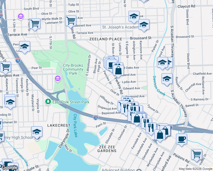 map of restaurants, bars, coffee shops, grocery stores, and more near 2040 Pericles Street in Baton Rouge