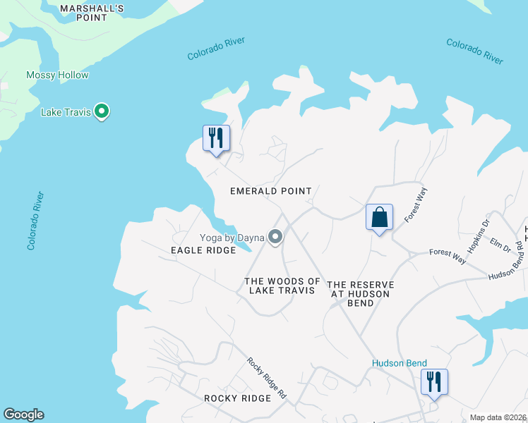 map of restaurants, bars, coffee shops, grocery stores, and more near 5928 Hiline Road in Austin