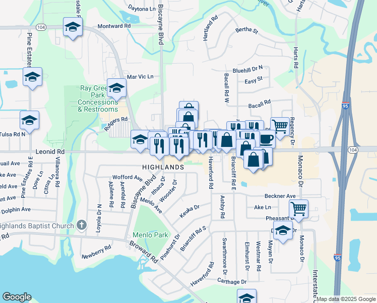 map of restaurants, bars, coffee shops, grocery stores, and more near 1401 Dunn Ave in Jacksonville