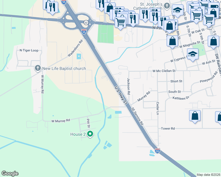 map of restaurants, bars, coffee shops, grocery stores, and more near 39611 Interstate 55 Frontage Road in Ponchatoula