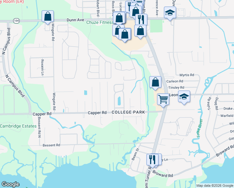 map of restaurants, bars, coffee shops, grocery stores, and more near 10715 Meadowlea Drive in Jacksonville