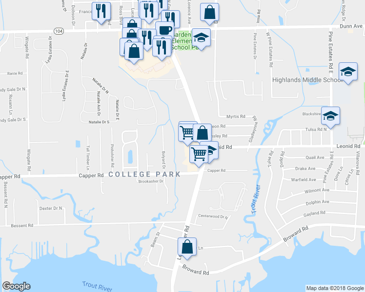 map of restaurants, bars, coffee shops, grocery stores, and more near 10724 Lem Turner Road in Jacksonville