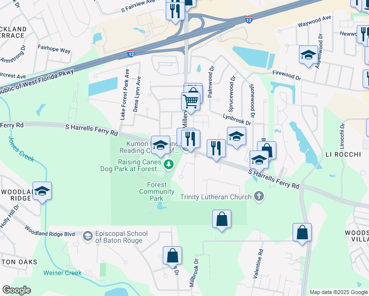 map of restaurants, bars, coffee shops, grocery stores, and more near S Harrells Ferry Rd & Millerville Rd in Baton Rouge