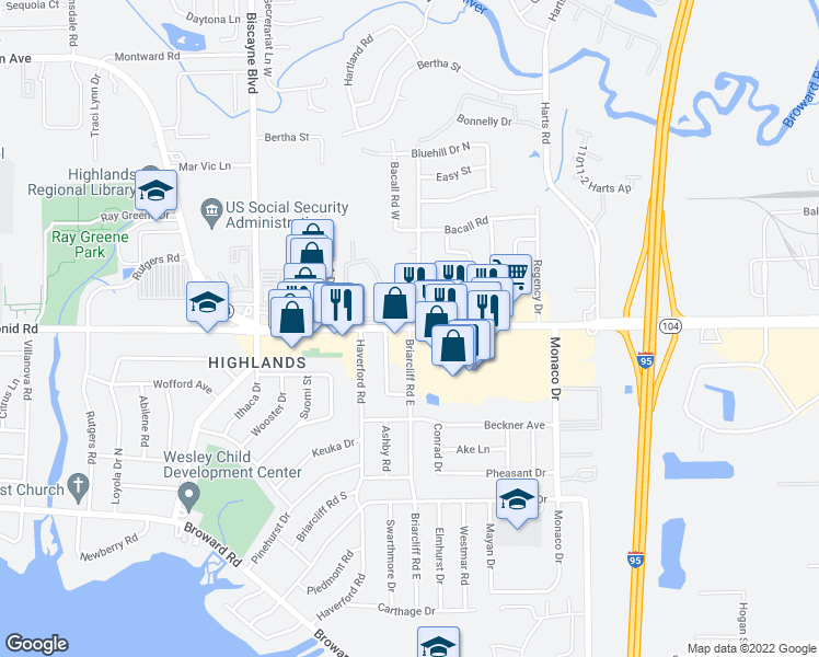 map of restaurants, bars, coffee shops, grocery stores, and more near Dunn Ave & Briarcliff Rd E in Jacksonville