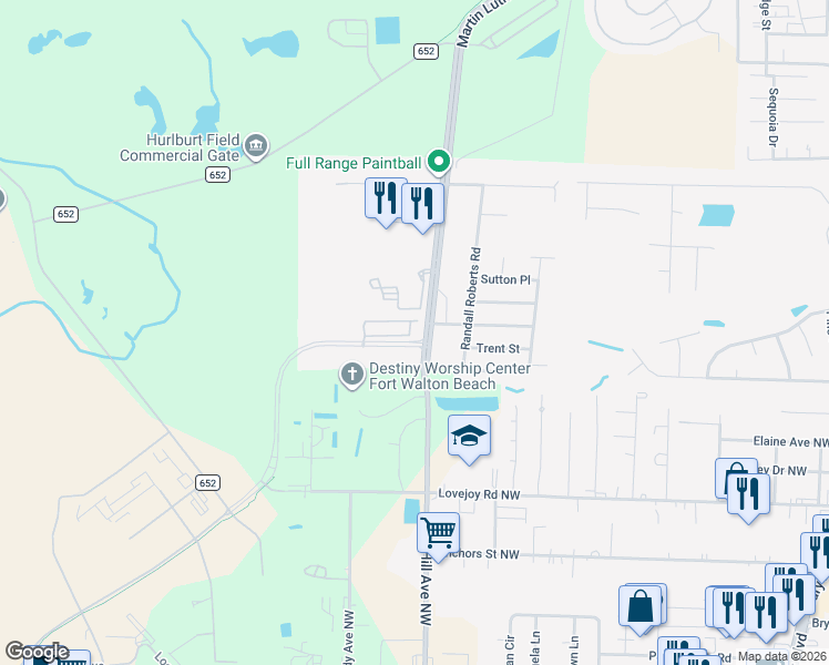 map of restaurants, bars, coffee shops, grocery stores, and more near 735 Martin Luther King Junior Boulevard in Fort Walton Beach