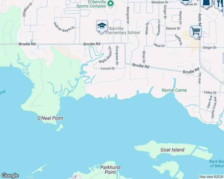map of restaurants, bars, coffee shops, grocery stores, and more near 10232 Goodman Rd in D'Iberville