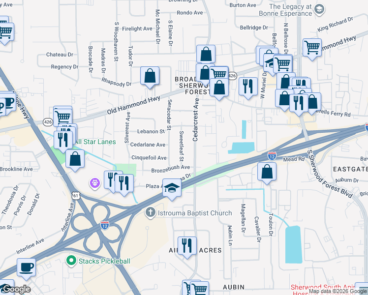 map of restaurants, bars, coffee shops, grocery stores, and more near 2284 Sweetleaf Street in Baton Rouge