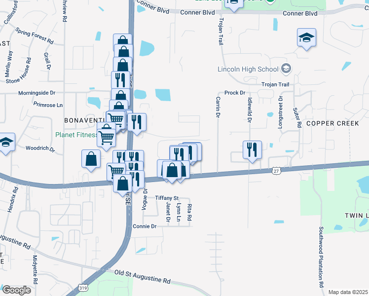 map of restaurants, bars, coffee shops, grocery stores, and more near 3206 Maxwell Street in Tallahassee