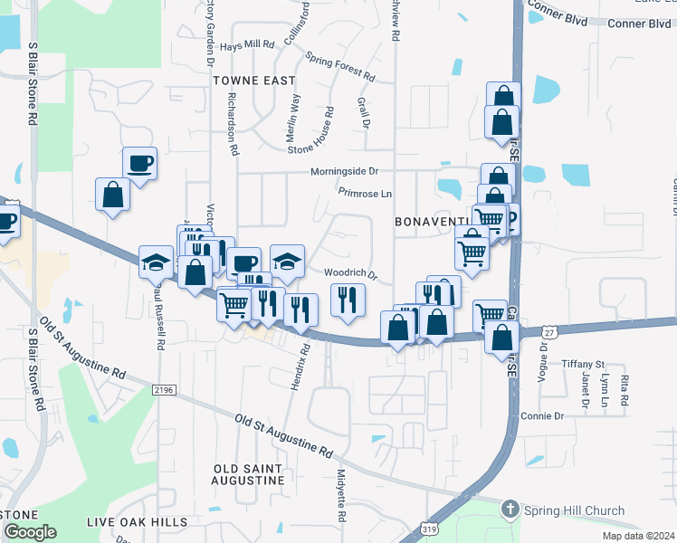 map of restaurants, bars, coffee shops, grocery stores, and more near 1225 Cross Creek Circle in Tallahassee