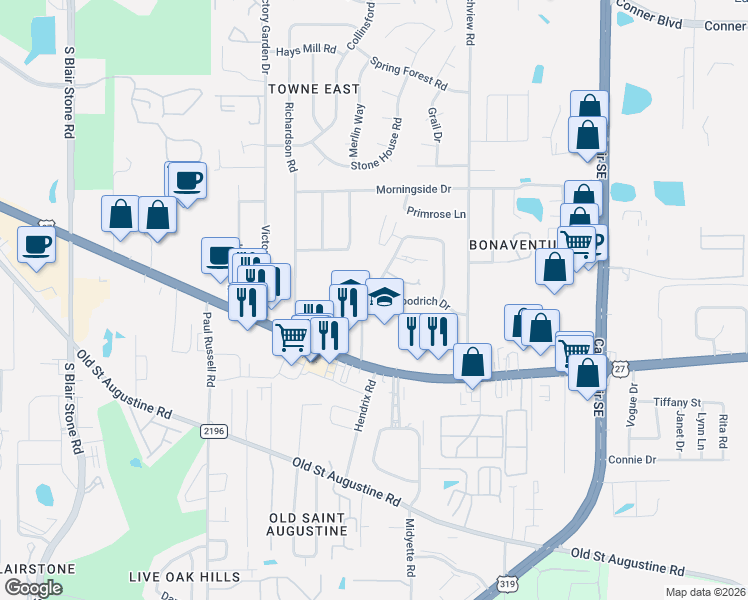 map of restaurants, bars, coffee shops, grocery stores, and more near 1294 Cross Creek Circle in Tallahassee