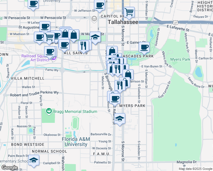 map of restaurants, bars, coffee shops, grocery stores, and more near 1317 Melvin Street in Tallahassee