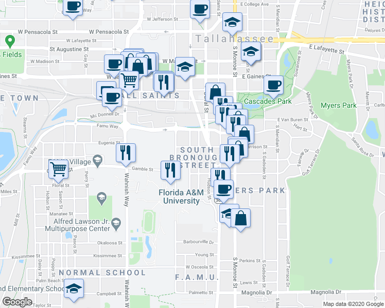 map of restaurants, bars, coffee shops, grocery stores, and more near 1317 Melvin Street in Tallahassee