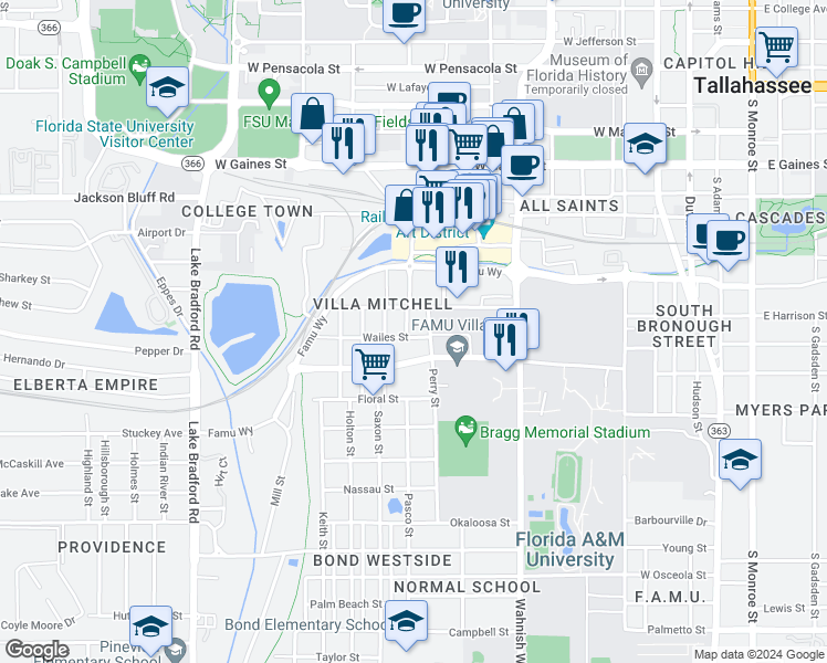 map of restaurants, bars, coffee shops, grocery stores, and more near 1304 Pinellas Street in Tallahassee