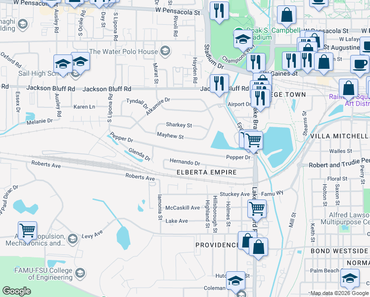 map of restaurants, bars, coffee shops, grocery stores, and more near 1637 Mayhew Street in Tallahassee