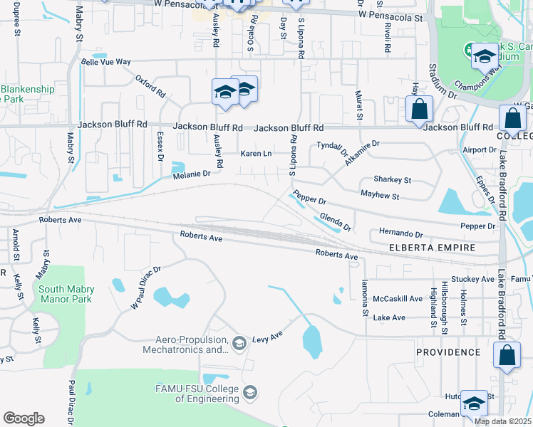 map of restaurants, bars, coffee shops, grocery stores, and more near 917 Brave Trail in Tallahassee