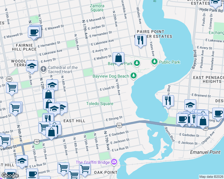 map of restaurants, bars, coffee shops, grocery stores, and more near 1830 East Lloyd Street in Pensacola