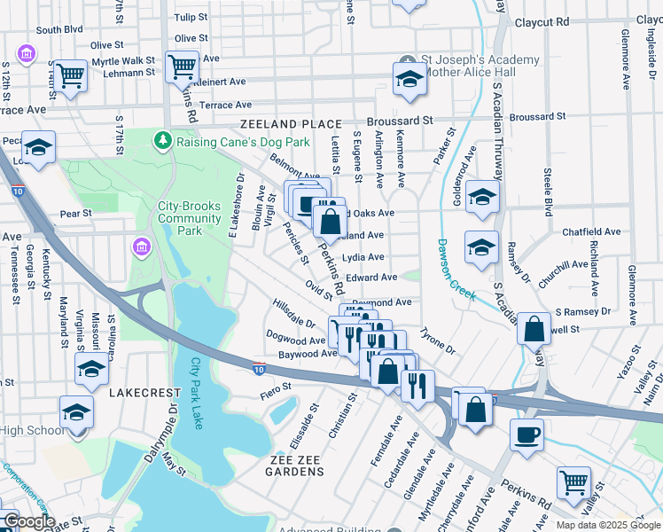 map of restaurants, bars, coffee shops, grocery stores, and more near 2043 Perkins Road in Baton Rouge