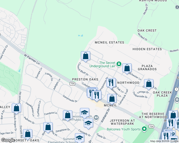 map of restaurants, bars, coffee shops, grocery stores, and more near 4504 Destinys Gate Drive in Austin