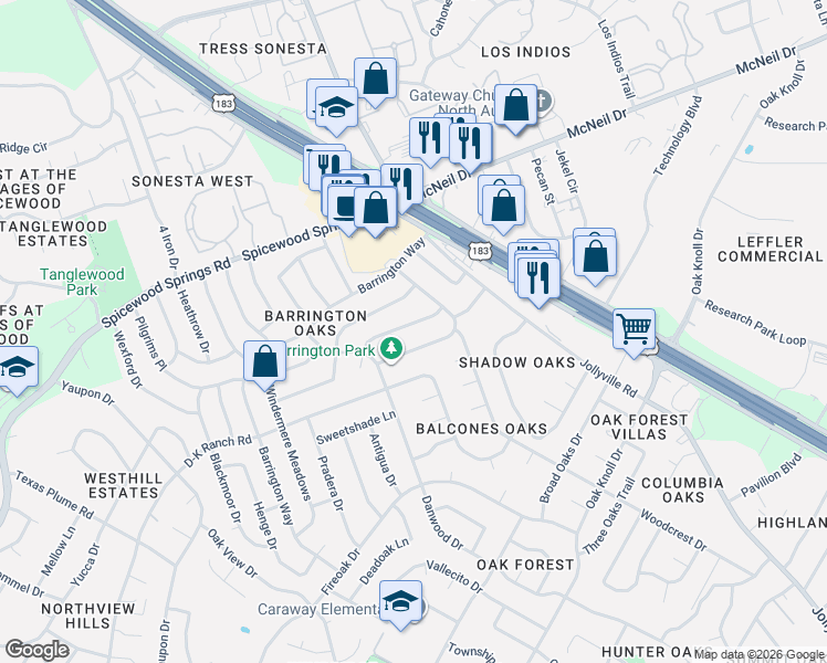 map of restaurants, bars, coffee shops, grocery stores, and more near 11904 Knights Bridge in Austin