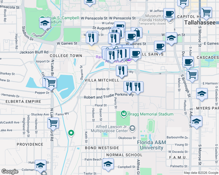 map of restaurants, bars, coffee shops, grocery stores, and more near 1304 Pinellas Street in Tallahassee