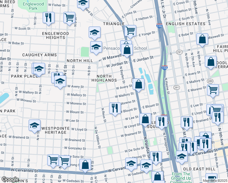 map of restaurants, bars, coffee shops, grocery stores, and more near 116 West Avery Street in Pensacola
