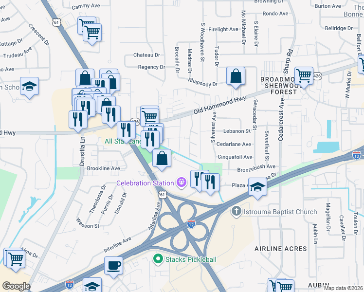 map of restaurants, bars, coffee shops, grocery stores, and more near 2507 Bald Cypress Drive in Baton Rouge