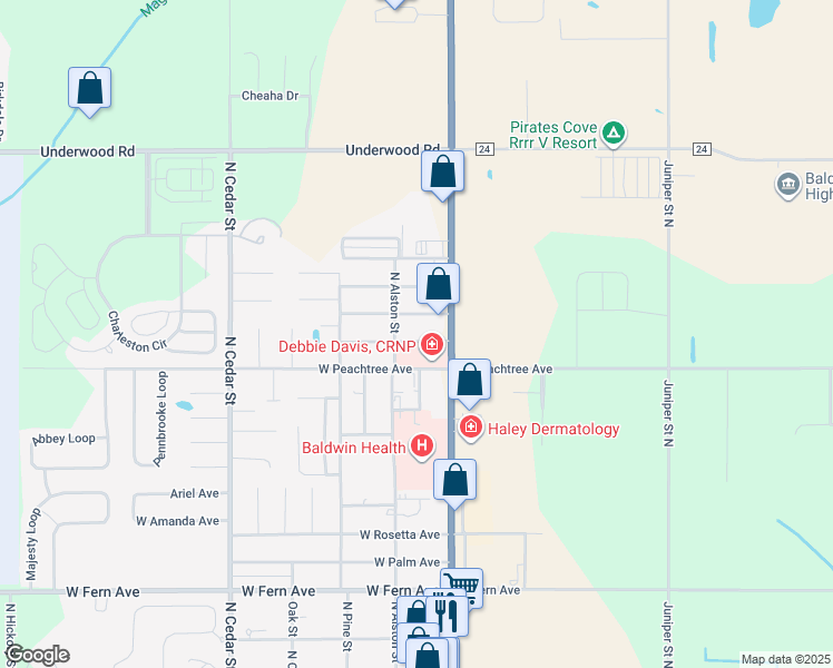 map of restaurants, bars, coffee shops, grocery stores, and more near 107 West Walnut Avenue in Foley