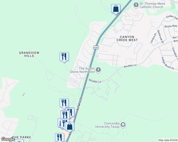 map of restaurants, bars, coffee shops, grocery stores, and more near 9090 North FM 620 in Austin
