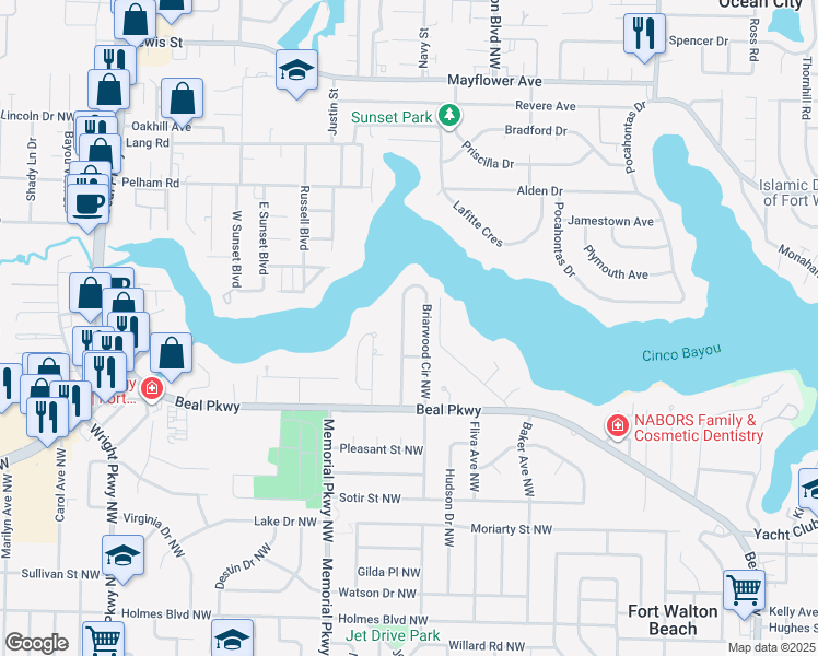 map of restaurants, bars, coffee shops, grocery stores, and more near 304 Briarwood Circle Northwest in Fort Walton Beach