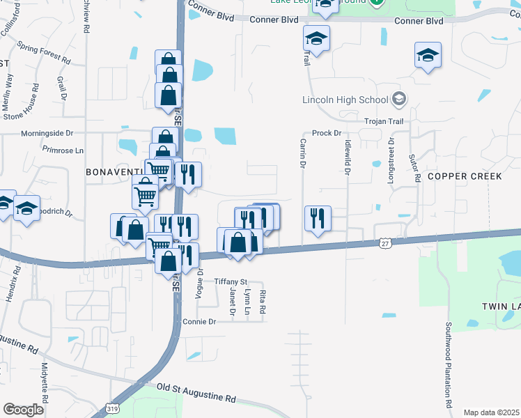 map of restaurants, bars, coffee shops, grocery stores, and more near 3206 Maxwell Street in Tallahassee