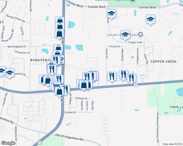 map of restaurants, bars, coffee shops, grocery stores, and more near 3206 Maxwell Street in Tallahassee