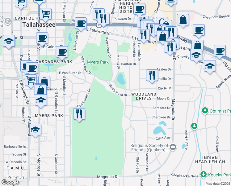 map of restaurants, bars, coffee shops, grocery stores, and more near 815 Circle Drive in Tallahassee