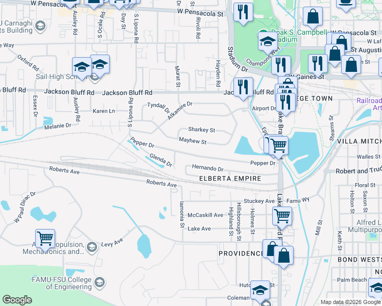 map of restaurants, bars, coffee shops, grocery stores, and more near 1665 Mayhew Street in Tallahassee