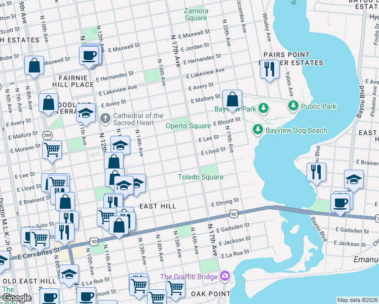 map of restaurants, bars, coffee shops, grocery stores, and more near 1325 North 17th Avenue in Pensacola