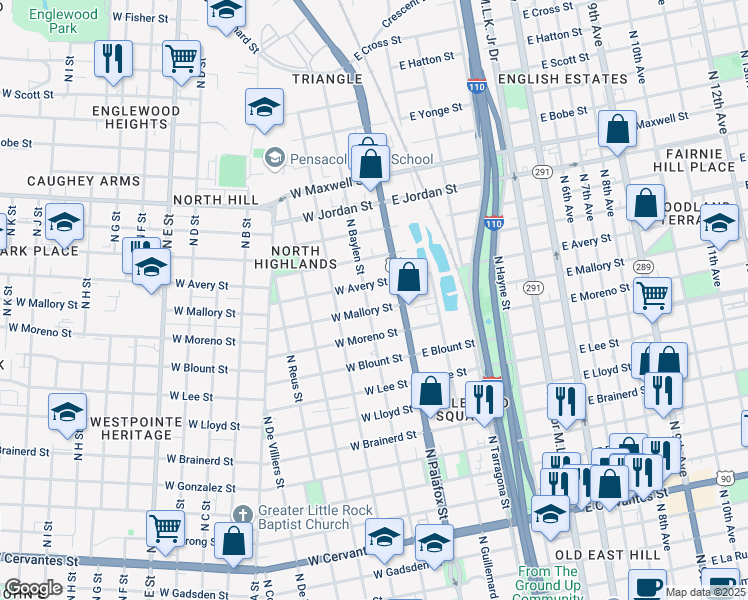 map of restaurants, bars, coffee shops, grocery stores, and more near 35 West Avery Street in Pensacola