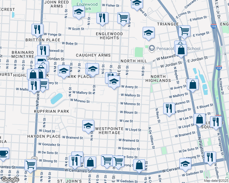 map of restaurants, bars, coffee shops, grocery stores, and more near in Pensacola
