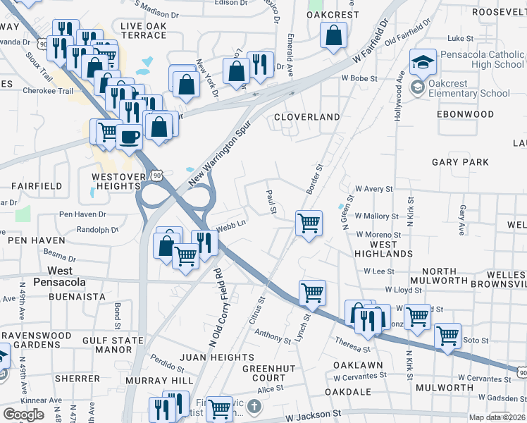 map of restaurants, bars, coffee shops, grocery stores, and more near 113c Paul Street in Pensacola