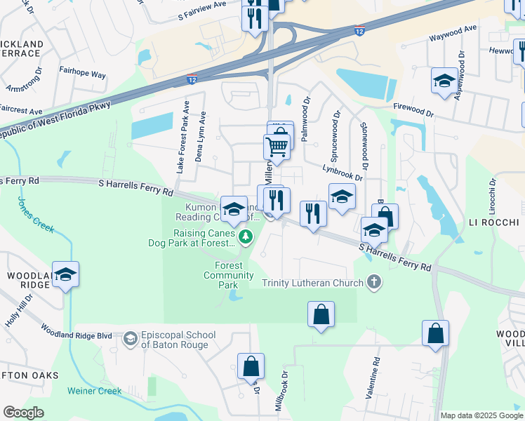map of restaurants, bars, coffee shops, grocery stores, and more near in Baton Rouge