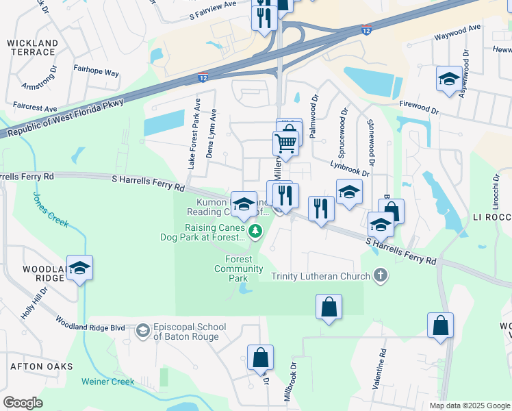 map of restaurants, bars, coffee shops, grocery stores, and more near 3235 Woodbrook Drive in Baton Rouge