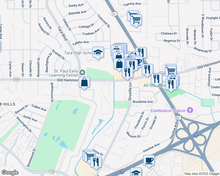 map of restaurants, bars, coffee shops, grocery stores, and more near 9124 Old Hammond Highway in Baton Rouge