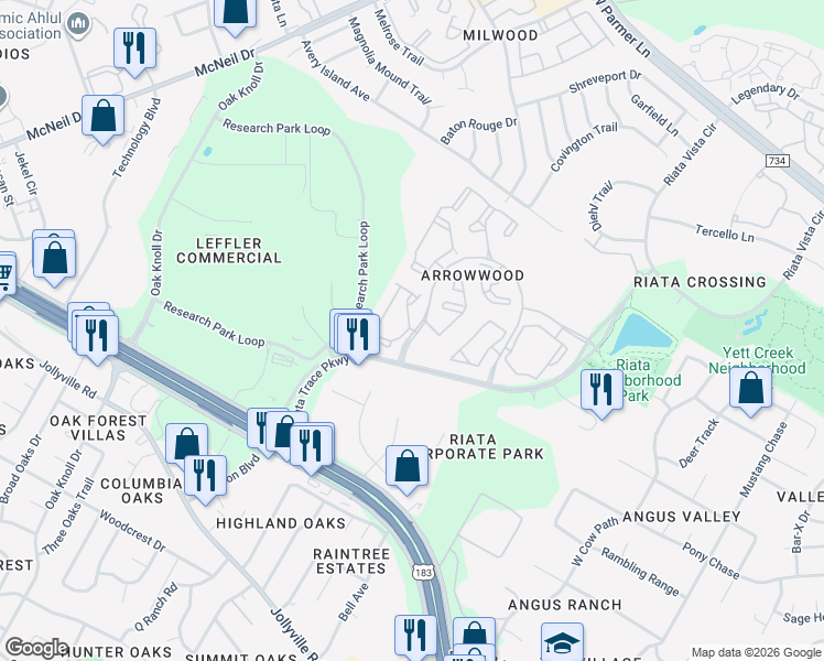 map of restaurants, bars, coffee shops, grocery stores, and more near 12345 Alameda Trace Circle in Austin