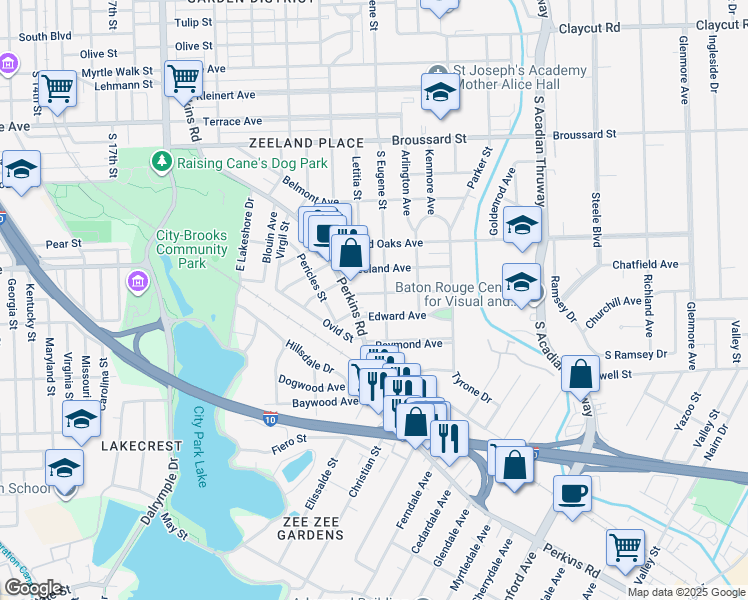 map of restaurants, bars, coffee shops, grocery stores, and more near 2637 Lydia Avenue in Baton Rouge