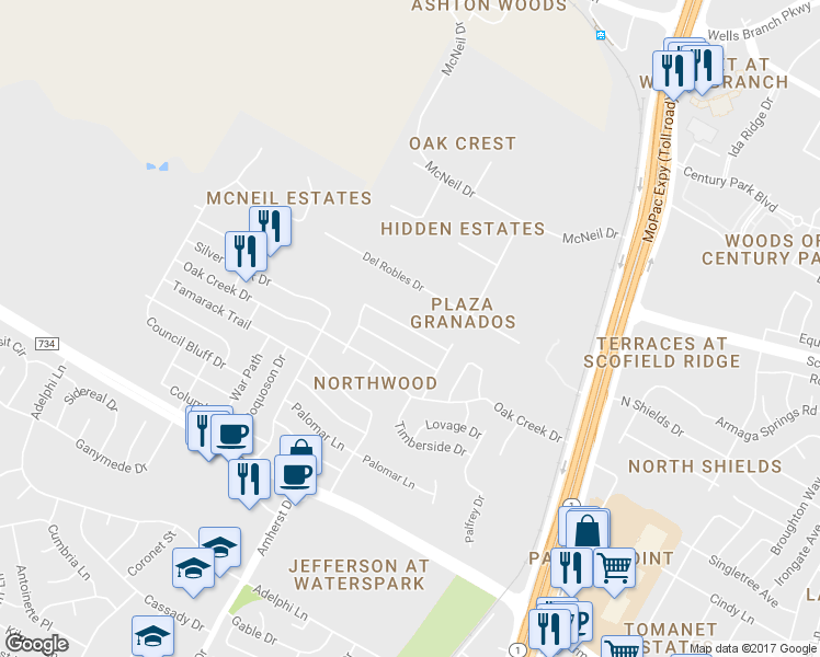 map of restaurants, bars, coffee shops, grocery stores, and more near Northfield Road in Austin