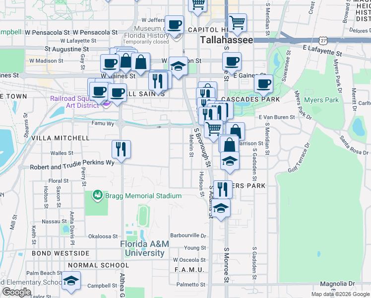 map of restaurants, bars, coffee shops, grocery stores, and more near 1317 Melvin Street in Tallahassee